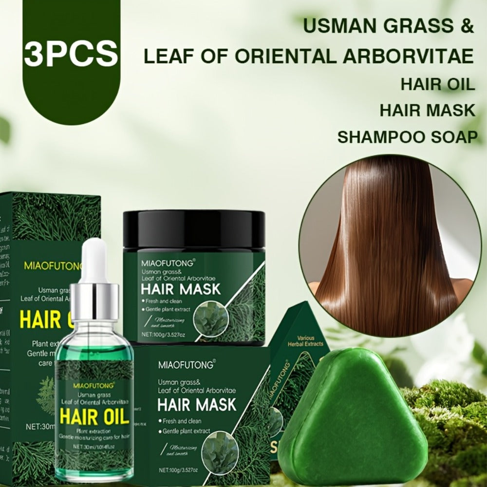 Three-Piece Usman Grass Hair Care Kit with 120g Triangular Shampoo Bar, Oil and Mask Formats