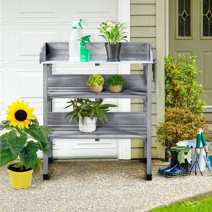 Rolling Potting Bench 3-Tier Wooden Garden Workstation Waist-High Galvanized Metal Top Lockable Casters Side Hooks Shelves for Outdoor Patio Gardening Storage