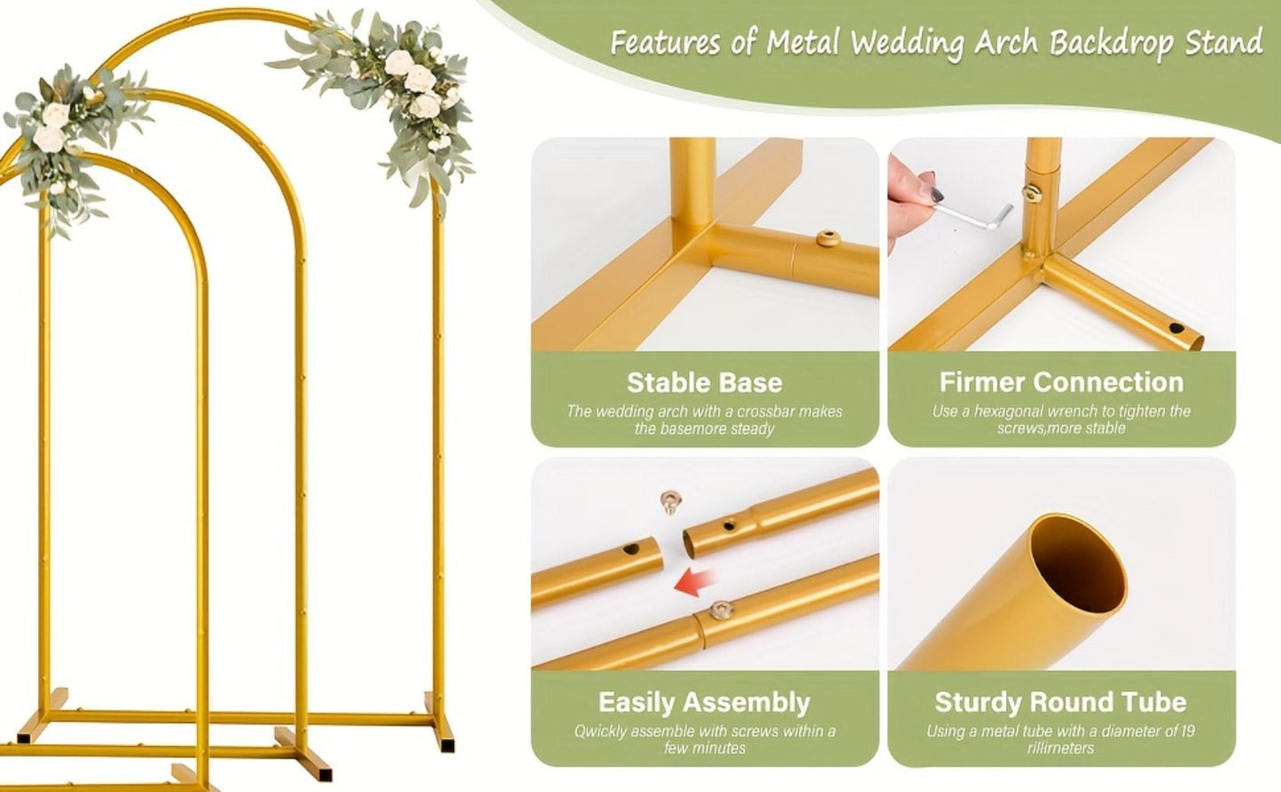Three-Piece Gold Metal Arch Backdrop Set with 7.2FT, 6.6FT and 6FT Frames plus Seven Balloon Clips