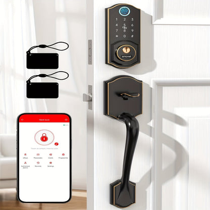 Smart Door Lock SMONET Fingerprint Keypad Bluetooth Deadbolt Handle Set in Bronze Black or Silver