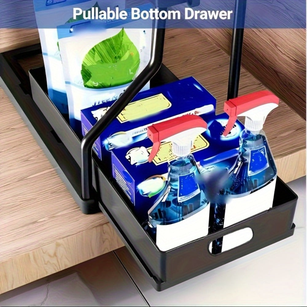 Under Sink Storage Organizer 2-Piece Sliding Shelf Set in Black or White for Kitchen and Bathroom