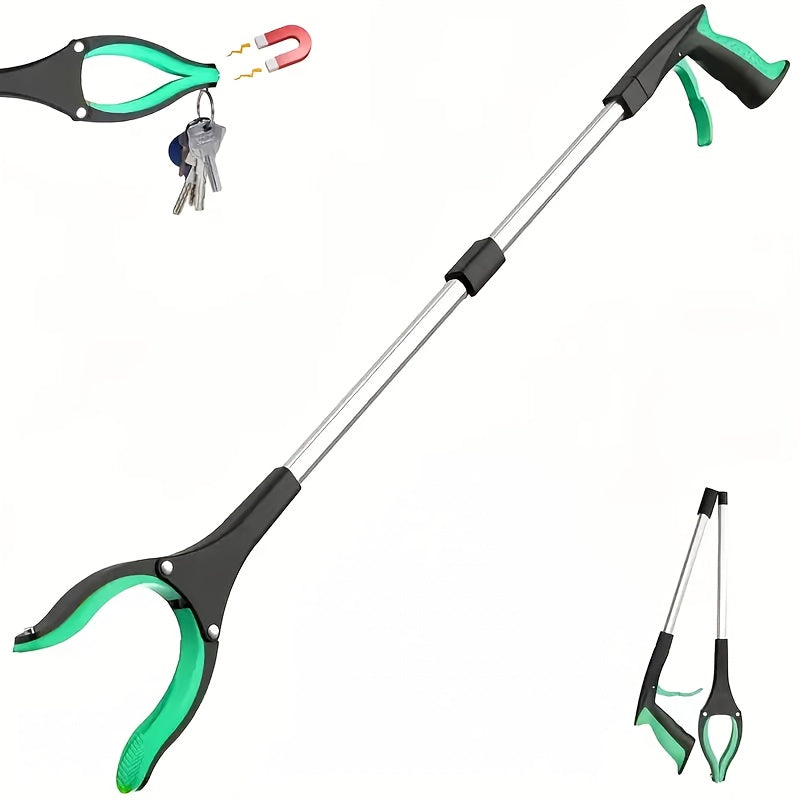 Folding Grabber Reacher with Rotating Silicone Jaws, Magnetic Pickup Tip, Wrist Cord and Green Handle