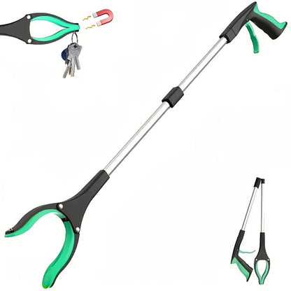 Folding Grabber Reacher with Rotating Silicone Jaws, Magnetic Pickup Tip, Wrist Cord and Green Handle