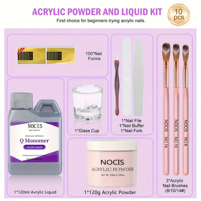 Acrylic Nail Kit NOCIS 120g Peach Pink Powder Set with Q Monomer, Brush Set, Nail File and Mixing Cup
