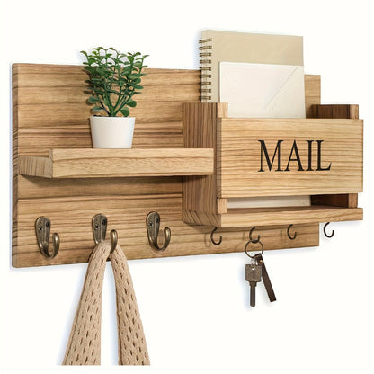 Wall Mounted Storage Rack with Mail Slot – Rustic Wood Floating Shelf with Hooks for Keys, Hats & Envelopes, Decorative Organizer for Entryway, Porch, Bedroom, Bathroom & Living Room