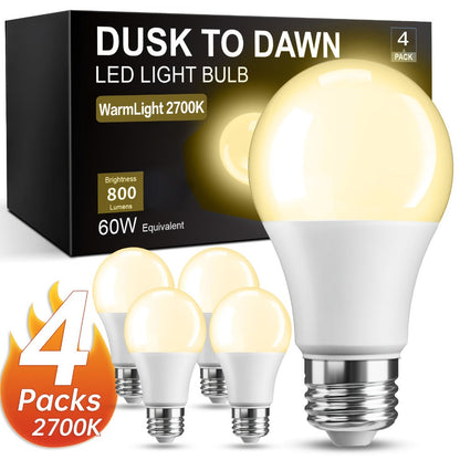 Dusk-to-Dawn E26 LED Light Bulbs, 9W 2700K Warm White Four-Pack with 800-Lumen Marking and Sensor Format