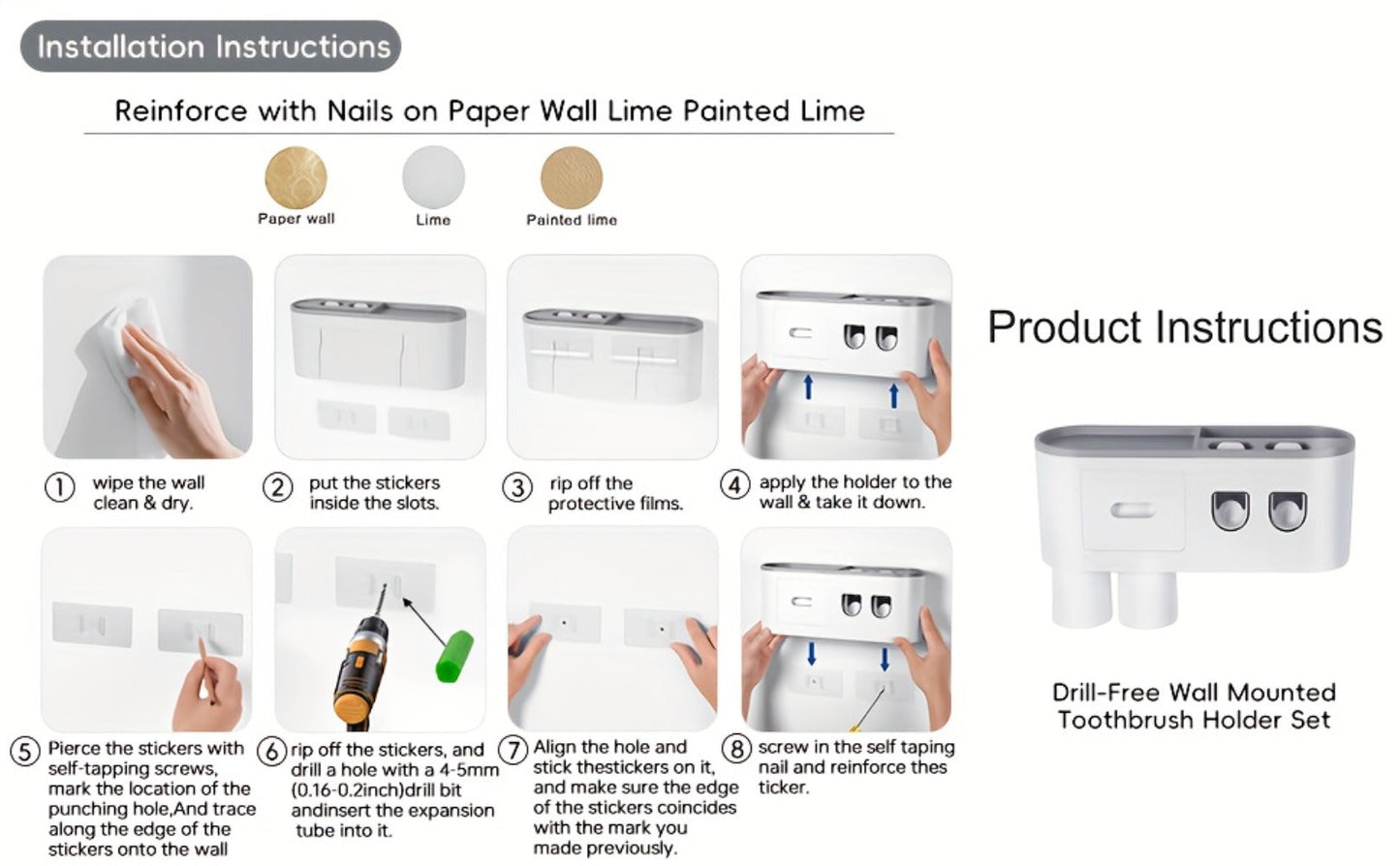 Wall-Mounted Toothbrush Organizer with Dispenser, Side Brush Stand and Two- or Three-Cup Options