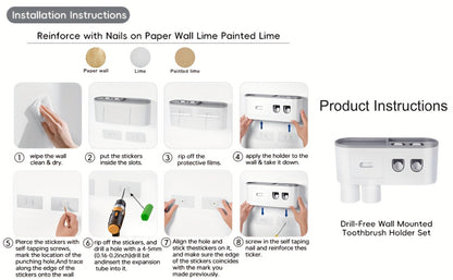 Wall-Mounted Toothbrush Organizer with Dispenser, Side Brush Stand and Two- or Three-Cup Options