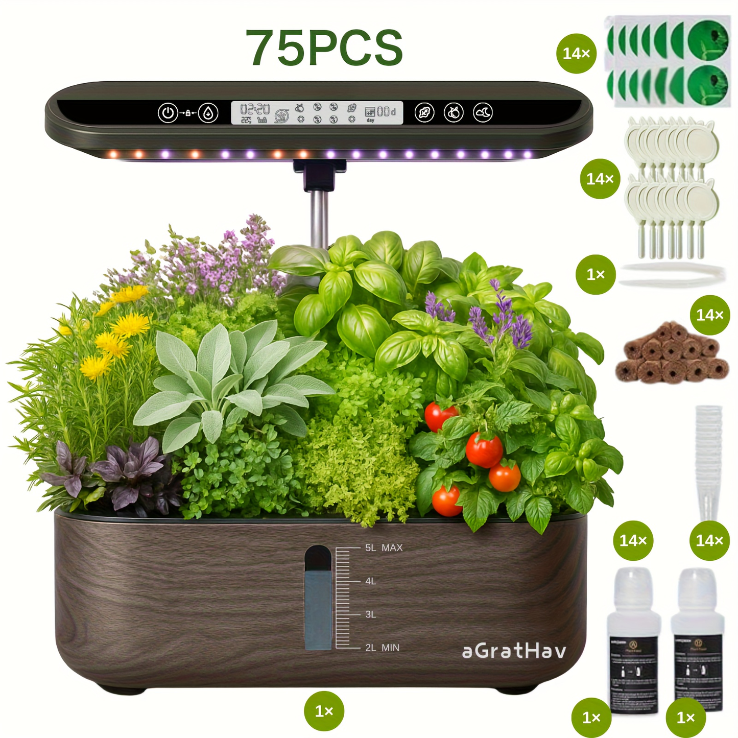 14-Pod Hydroponic Garden Kit with LED Grow Light, Timer, Pump and 1.32 Gallon Tank in Two Finishes