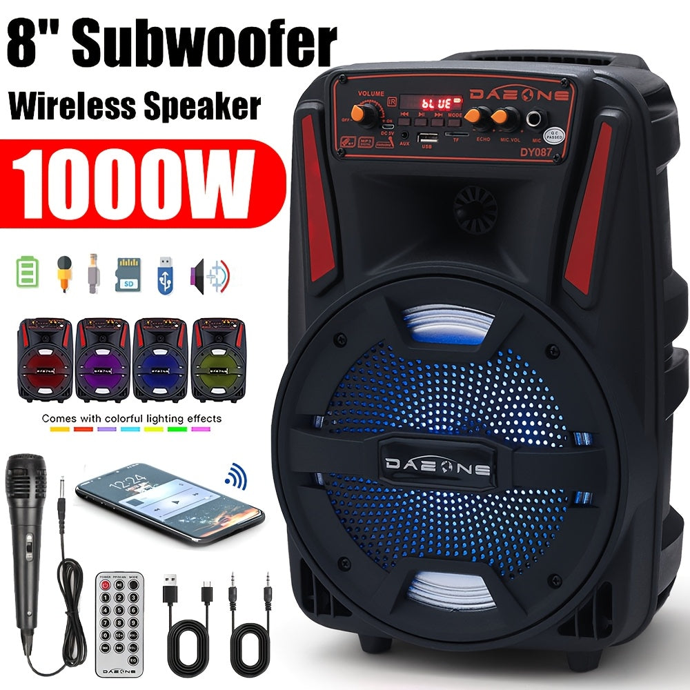 1000W Portable Party Speaker with 8-Inch Woofer & Wired Microphone, Deep Bass 2.1 Surround Sound, 8-Hour Battery, Bluetooth USB SD FM AUX, Wireless Speaker for DJ Karaoke Home Gatherings Outdoor Events