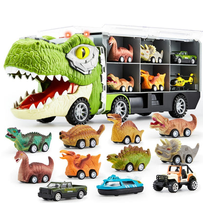 Vehicle Carrier Playset in Dinosaur Car or Construction Truck Style with Mini Vehicles and Storage