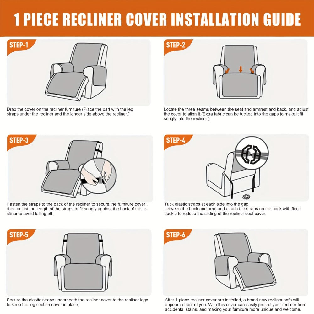 Quilted One-Piece Recliner Chair Cover with Side Pockets, Back Buckle Strap and 11 Color Options