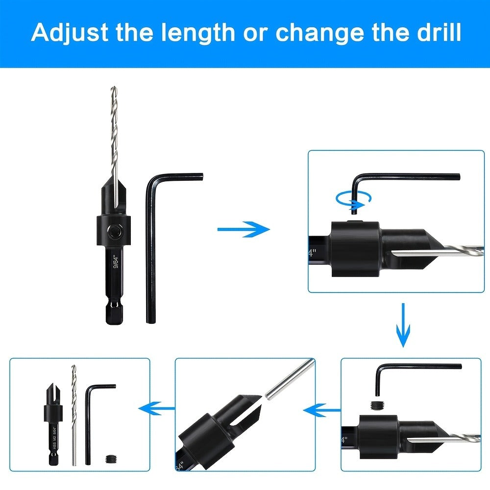 5pcs Countersink Drill Bit Set #4 #6 #8 #10 #12 Tapered with 1/4" Hex Shank Quick-Change – Adjustable Wood Counter Sinker Bits with Allen Wrench for Woodworking