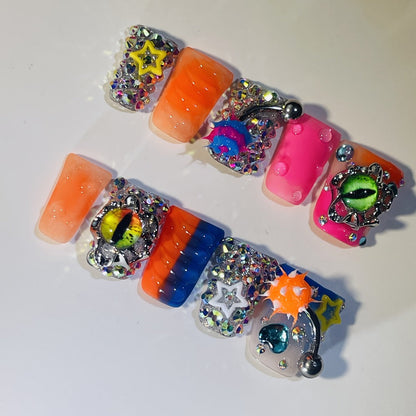 Press On Nails Handmade Y2K Duckbill Set with 3D Eye Barbell Star Rhinestone Charms and S M L Sizes
