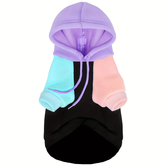 Dog Hoodie Cyber Punk Style - PAIAITE Soft Knitted Color-Block Sweatshirt for Dogs, Adjustable Drawstring Hood & Ribbed Cuffs, Black Purple Peach Pet Hoodie for All Breeds XS to 4XL