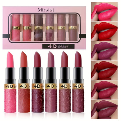 Lip Gloss Set by Mirsist with 6 Matte Lip Colors, Coordinated Nude and Red Tones and Display Case