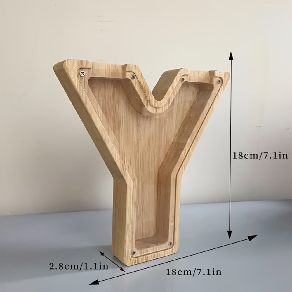 Wooden Alphabet Letter Coin Bank with Clear Front Panel, Top Slot and Eight Initial Options for Home Decor