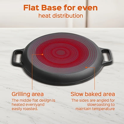 32cm Cast Iron Skillet with Dual Loop Handles and Shallow Round Profile for Gas, Induction, Oven or Campfire