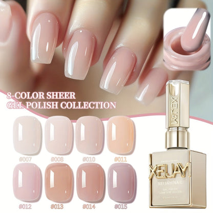 Gel Nail Polish Set with XEIJAYI Label, 8 Summer Ice Jelly Colors in Sheer Photo Frame Bottles