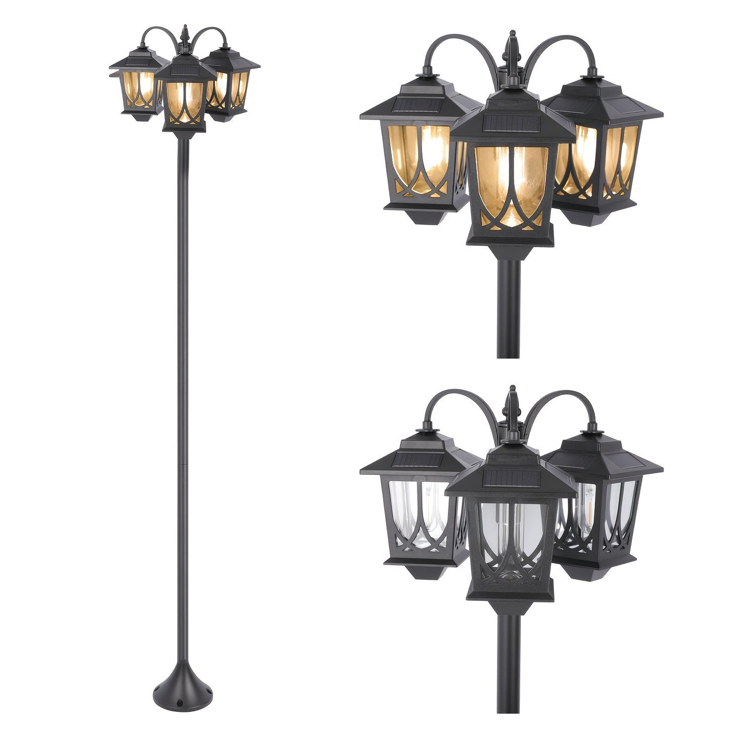 Solar Lamp Post 73in 3-Head Dusk to Dawn Outdoor Garden Light IP44 Waterproof Aluminum Rust-Proof Vintage Edison Bulb Patio Yard Pathway Decor
