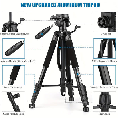 ALEiMON 74-Inch Tripod with Dual Quick Release Plate – Heavy-Duty Aluminum Alloy Camera Stand with Phone Clip & Carry Bag for DSLR, Mirrorless, Projector, Spotting Scope & Webcam