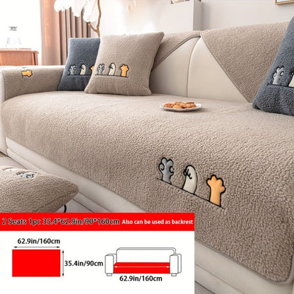 Sofa Cover Thick Plush Shearling Panels with Animal and Bone Embroidery and Non-Slip Feature for 2 to 4 Seats