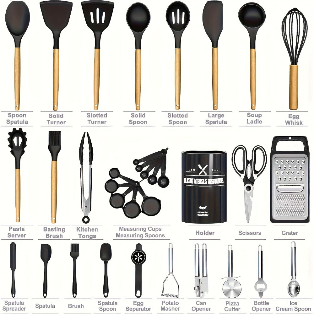 Silicone Kitchen Utensils Set 45pcs – Cooking Utensils for Nonstick Cookware, Stainless Steel Handle Spatulas, Heat Resistant Kitchen Gadgets & Tools, Pots and Pans Accessories, Black