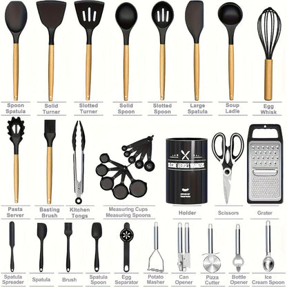 Silicone Kitchen Utensils Set 45pcs – Cooking Utensils for Nonstick Cookware, Stainless Steel Handle Spatulas, Heat Resistant Kitchen Gadgets & Tools, Pots and Pans Accessories, Black