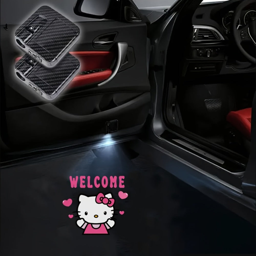 Car Door LED Projector Lights – Hello Kitty Cartoon Shadow Light, Wireless Puddle Light, Ground Projection Lamp for Car Accessories (Set of 2, No Battery)