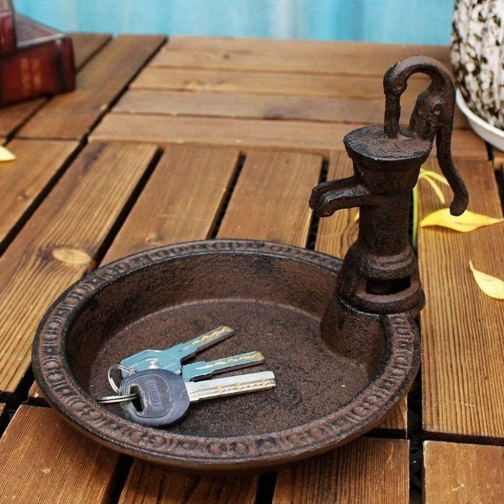 Rust-Tone Cast Iron Hand Pump Decorative Tray with 8.27-Inch Basin for Patio and Tabletop Display
