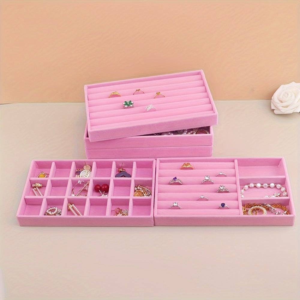 Stackable Jewelry Organizer Trays 6-Piece Set – Rectangular Multi-Compartment Drawer Inserts with Removable Dividers for Earrings, Rings, Necklaces & Bracelets – Tabletop Jewelry Display Case Storage