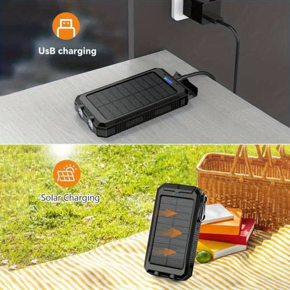 Solar Power Bank, 50000mAh Dual-USB Charger with Solar Panel, Dual LED Flashlights, Compass and Four Colors