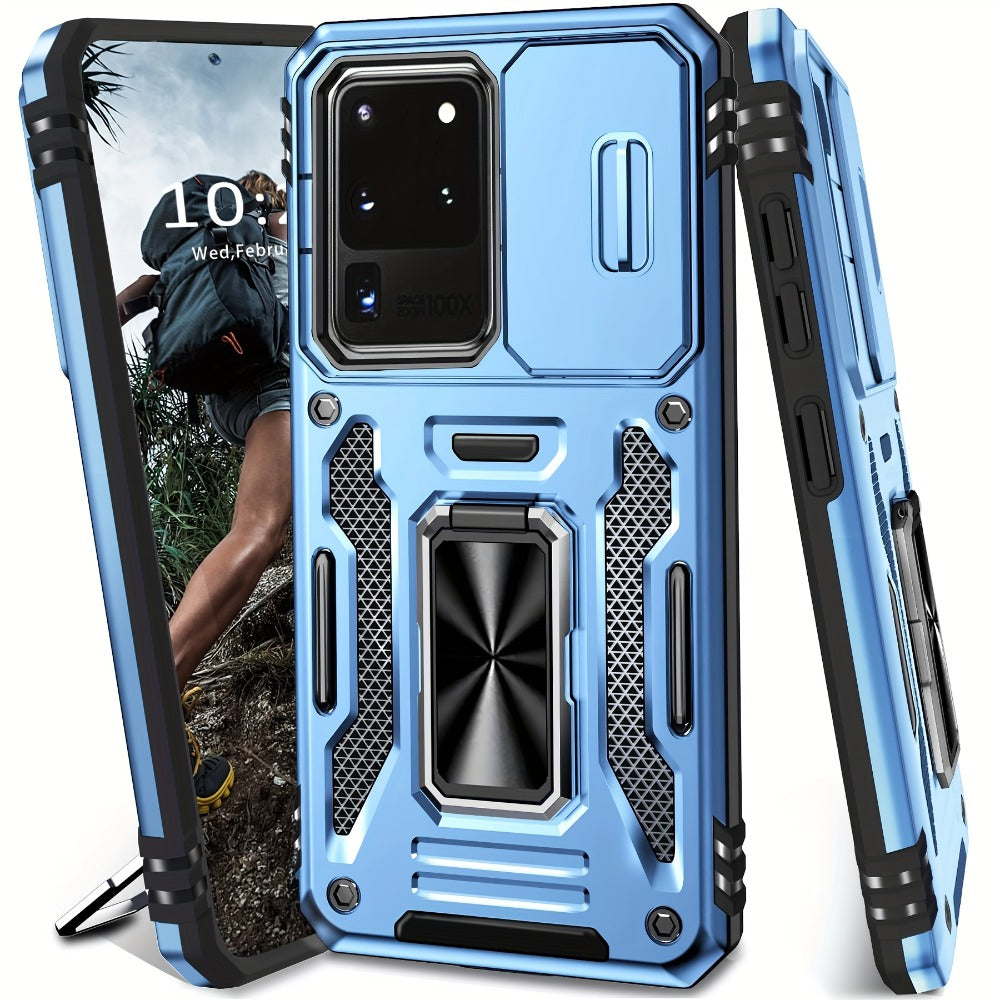 Samsung Galaxy Shockproof Magnetic Phone Case with 360° Rotating Ring Bracket & Sliding Lens Protector – Heavy Duty Cover for S24FE S23FE S22 S21FE Ultra A55 A54 A35 A34 A25 A24 A16 A15 A14 A06 A05 A05S 5G