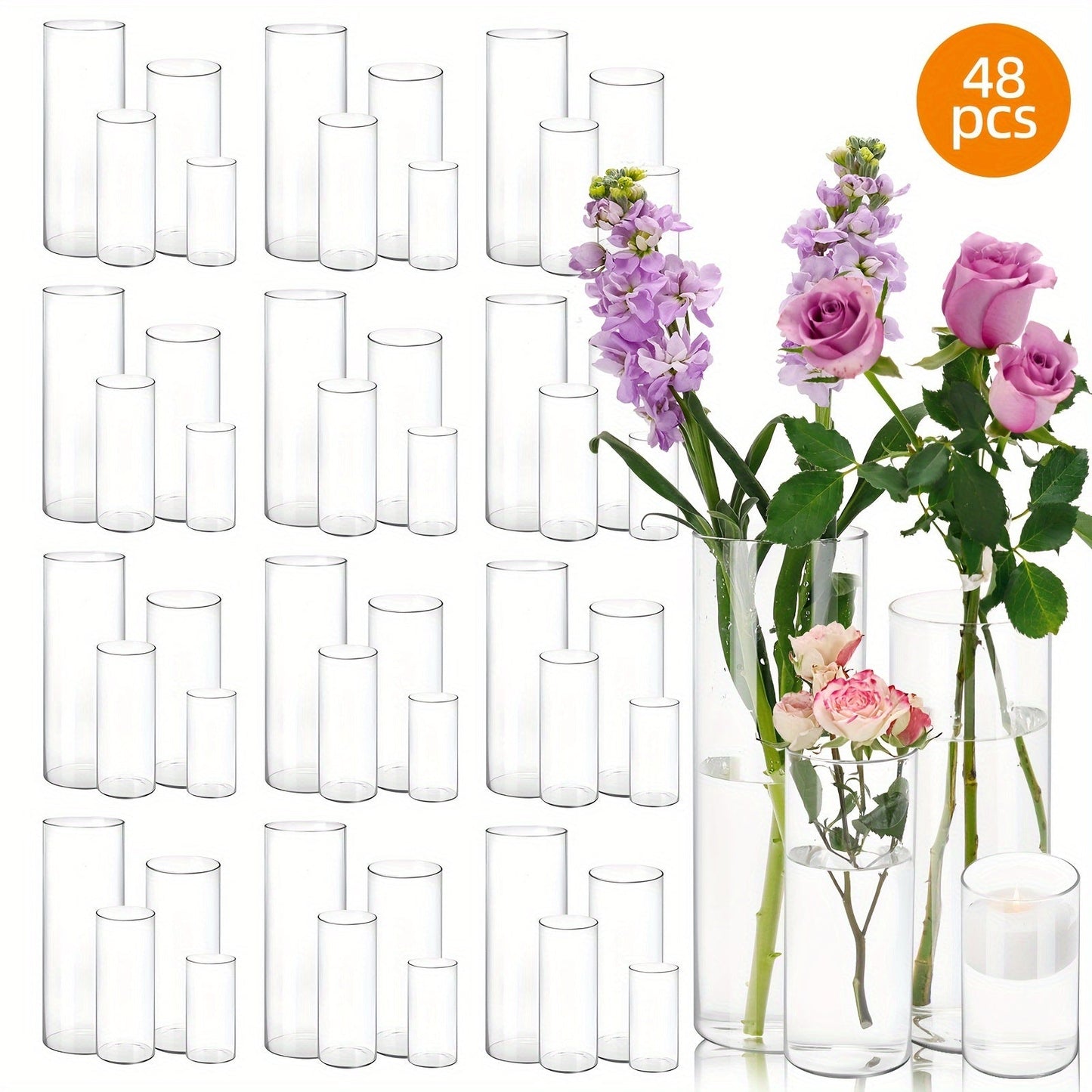 Clear Cylinder Vase Set in Four Heights with Twelve-, Twenty-Four- or Forty-Eight-Piece Quantities