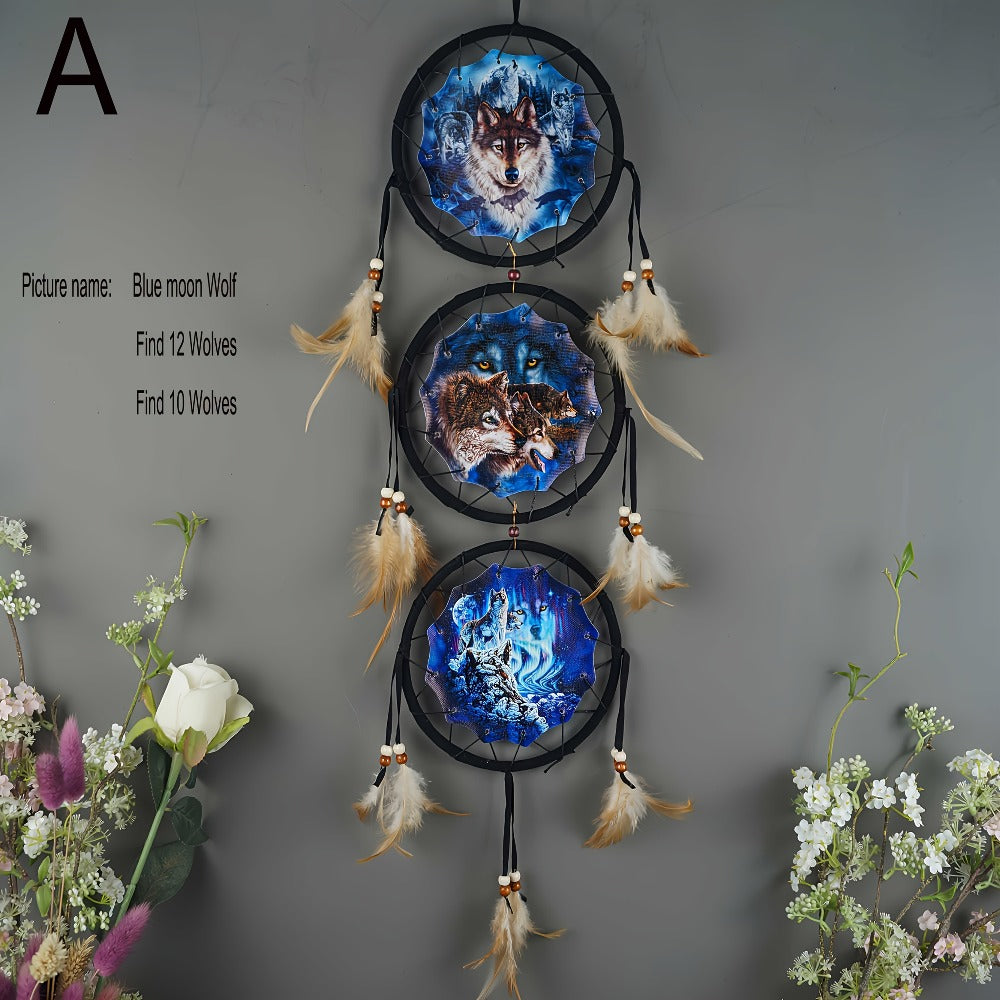 Dream Catcher Wall Decor Wolf Design Boho Bedroom Hanging Decoration – 6 Inch 3-Circle Feather Dream Catcher for Boys Kids Room, Nursery, Halloween, Christmas & Holiday Gift
