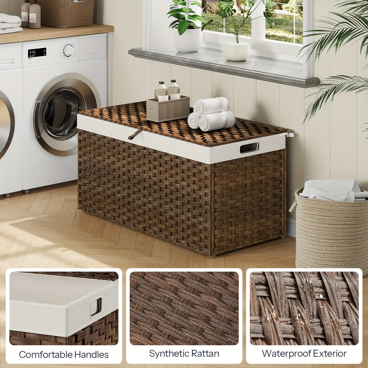 Large Storage Basket with Lid & Handles - 220L Handwoven Wicker Blanket Basket, Metal Frame, Soft Lining, Foldable for Bedroom, Laundry Room & Living Room