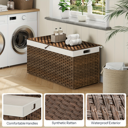 Large Storage Basket with Lid & Handles - 220L Handwoven Wicker Blanket Basket, Metal Frame, Soft Lining, Foldable for Bedroom, Laundry Room & Living Room