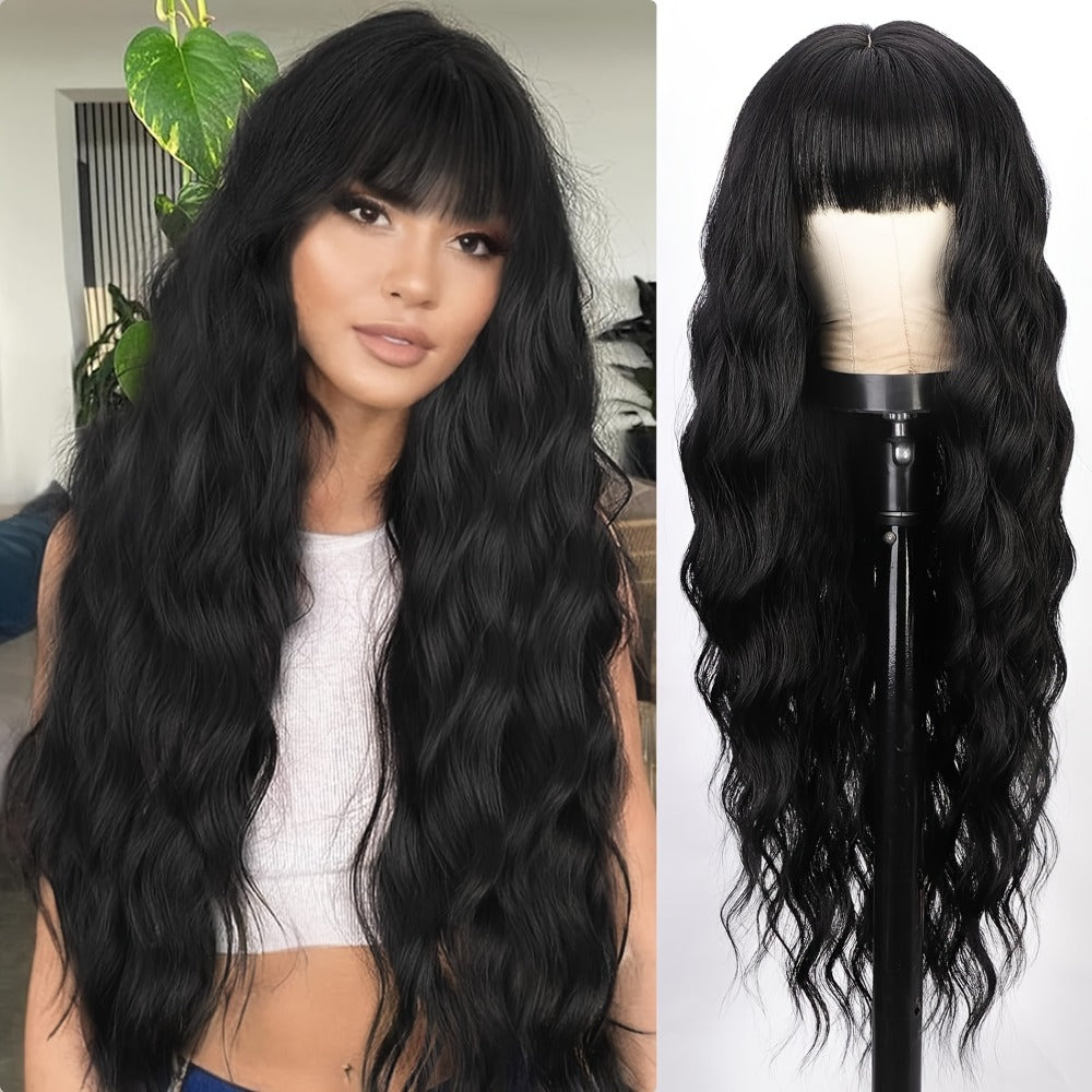 Synthetic Wig 28-Inch Black Body Waves with Bangs and Adjustable Buckle Net Cap for Daily and Party Styling