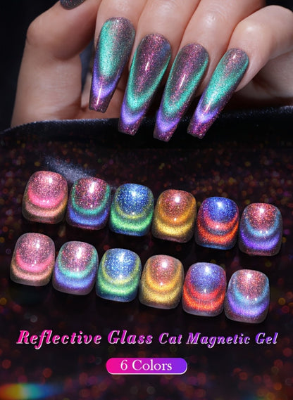 Cat Eye Gel Polish Set 6pcs BORN PRETTY Double Light Reflective Magnetic - Sparkling Rainbow Glass Cat Eye Effect Soak Off UV LED Gel 10ml Each Long Lasting Salon & Home DIY Manicure Kit for Women