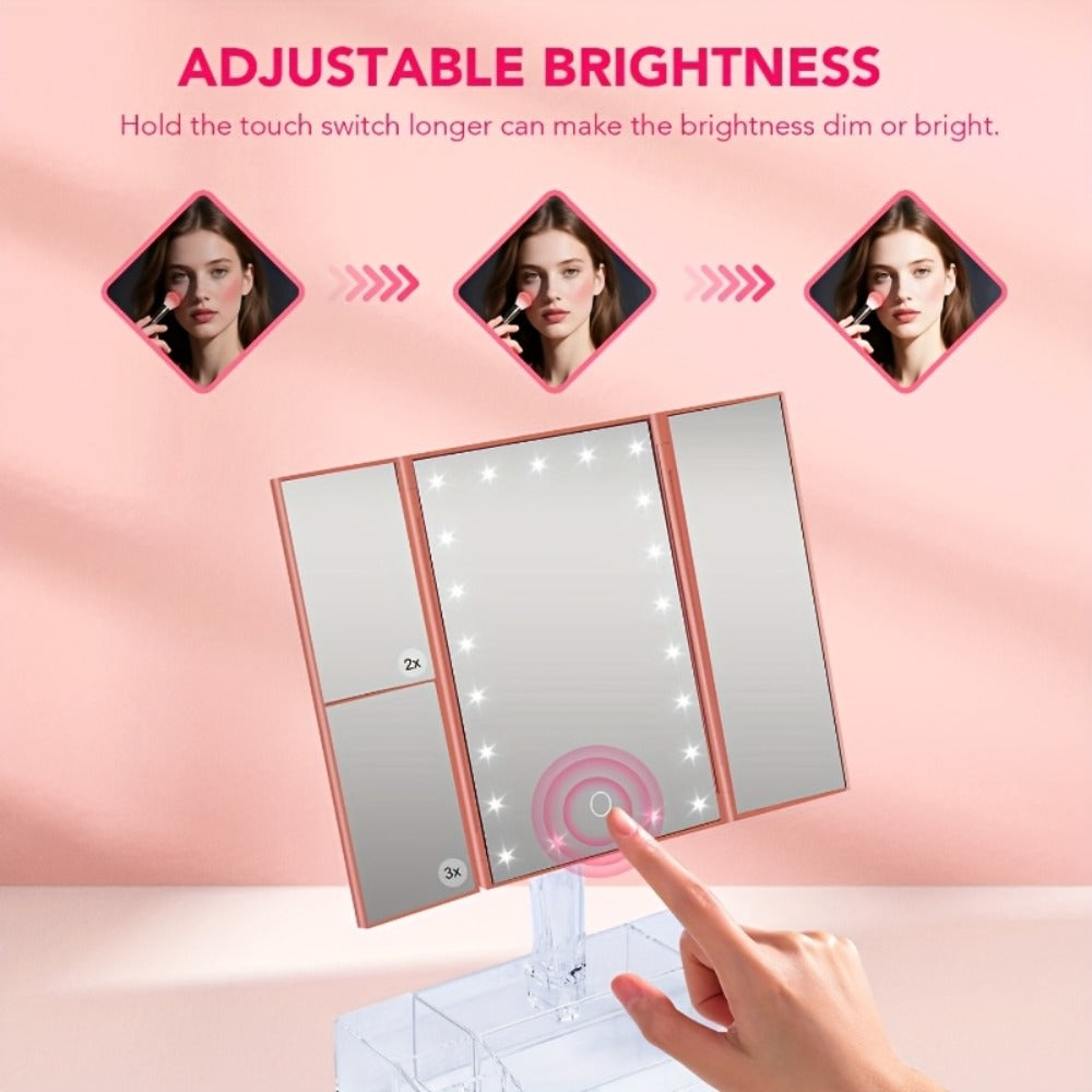 Makeup Mirror Tri-Fold Vanity with 24 LEDs, 1X 2X and 3X Panels, Touch Dimming, Storage Base and Dual Power