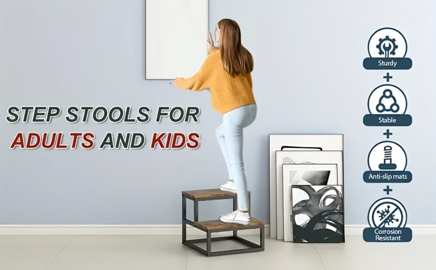 Fixed Two-Tier Metal Frame Step Stool, Approximately 15.7 x 15.7 x 13.2 Inches in Three Finishes