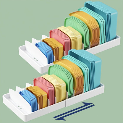 Container Lid Kitchen Organizer with Eight Inserts, 21 Compartments and Expandable 13-24.3-Inch Base