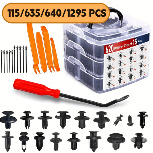 Car Push Retainer Clips Assortment Kit - 16 Sizes Nylon Bumper Fender Plastic Rivets & Auto Fasteners with Removal Tool & Cable Ties, Universal Fit for Most Vehicles (115 / 635 / 640 / 1290 Piece Set)