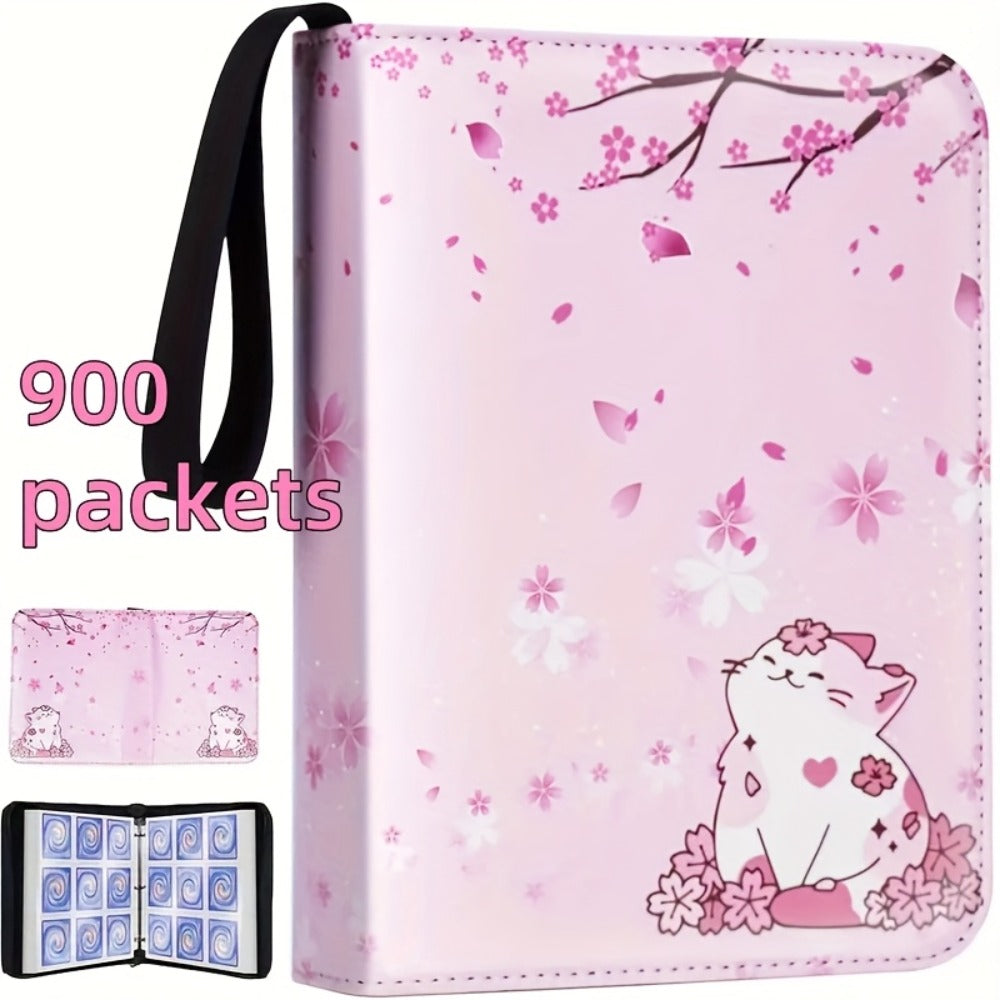 Pink Cat and Cherry Blossom Trading Card Binder with Zipper Closure, 900 Pockets and 13.2-Inch Height
