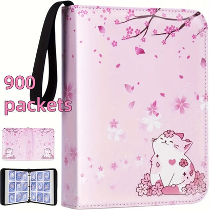 Pink Cat and Cherry Blossom Trading Card Binder with Zipper Closure, 900 Pockets and 13.2-Inch Height