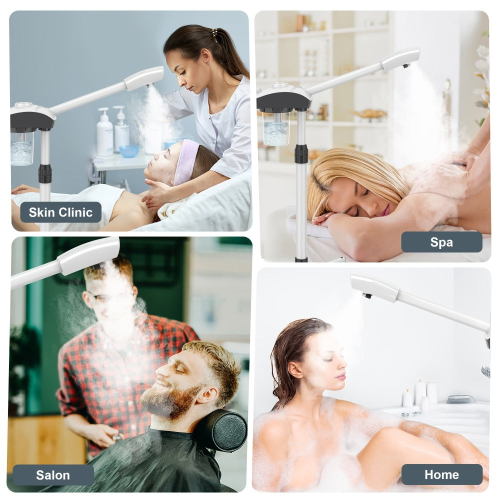 Rolling Facial Steamer with White Five-Wheel Stand, Removable 250 ml Tank and Preset Timer Controls