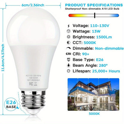 LED Light Bulbs 100W Equivalent A19 13W E26 Base 1500 Lumens Super Bright Non-Dimmable No Flicker Bulb for Home Bedroom Office Lamp 3000K Warm White 5000K Daylight 12 Pack 24 Pack