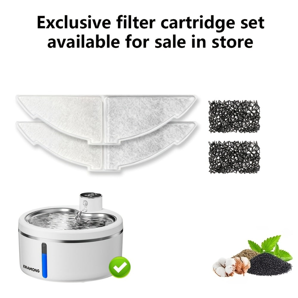 2.5L Cordless Pet Water Fountain with Black Stainless-Steel-Marked Basin, 4000mAh Battery and Water Window