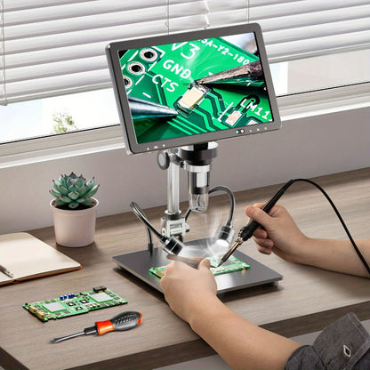 DM12 10.1-Inch IPS Digital Microscope with Dual Side Lights and Extended Stand for Coin and Circuit Board Inspection