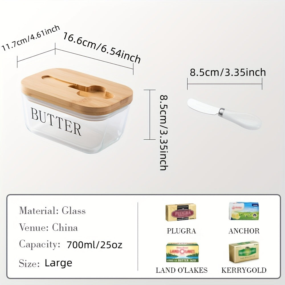 700 ml Clear Glass Butter Dish with Bamboo Lid, Knife Slot and White-Handle Spreader for Counter or Fridge